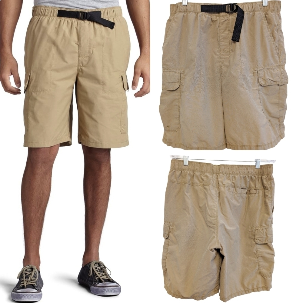 TIMBERLAND Hybrid Cargo Long Shorts Hiking Cotton Nylon Belted Tan Large